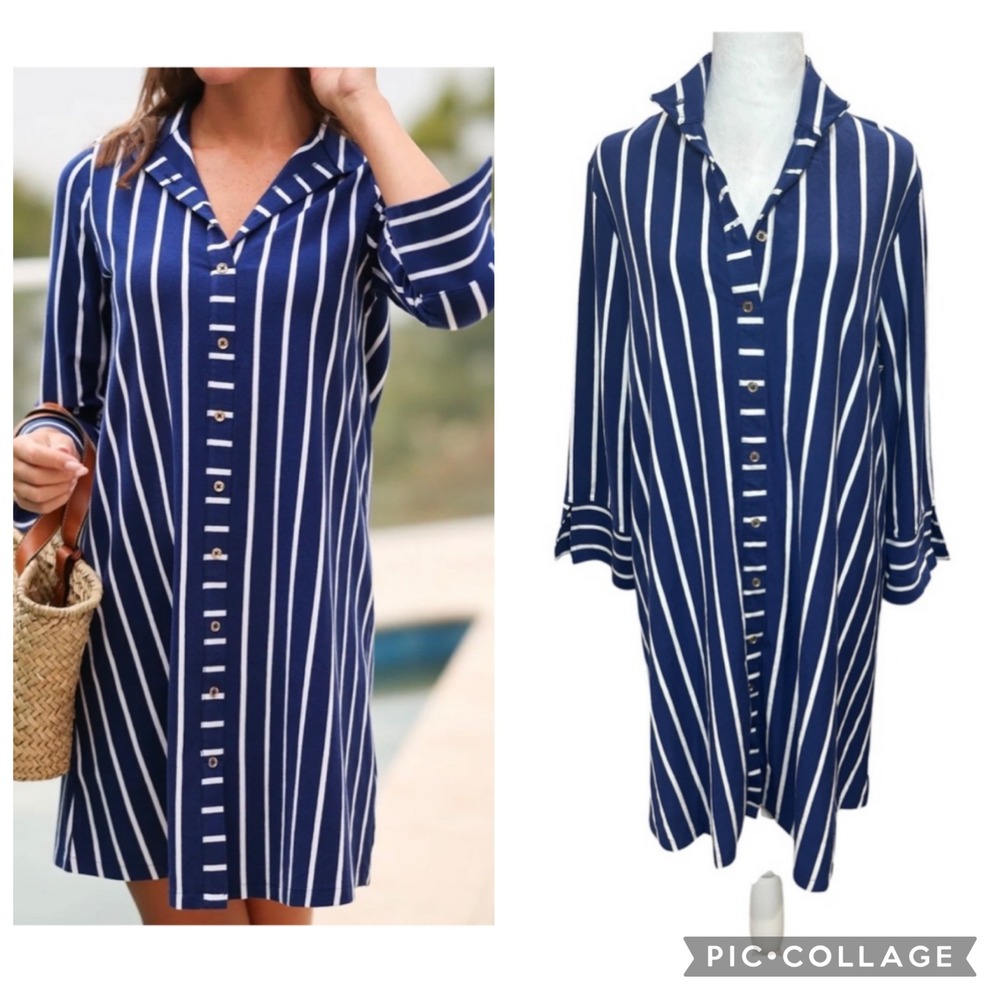Duffield Lane Oaklee Dress NWT XL Navy White Stripe Shirtdress $198 New